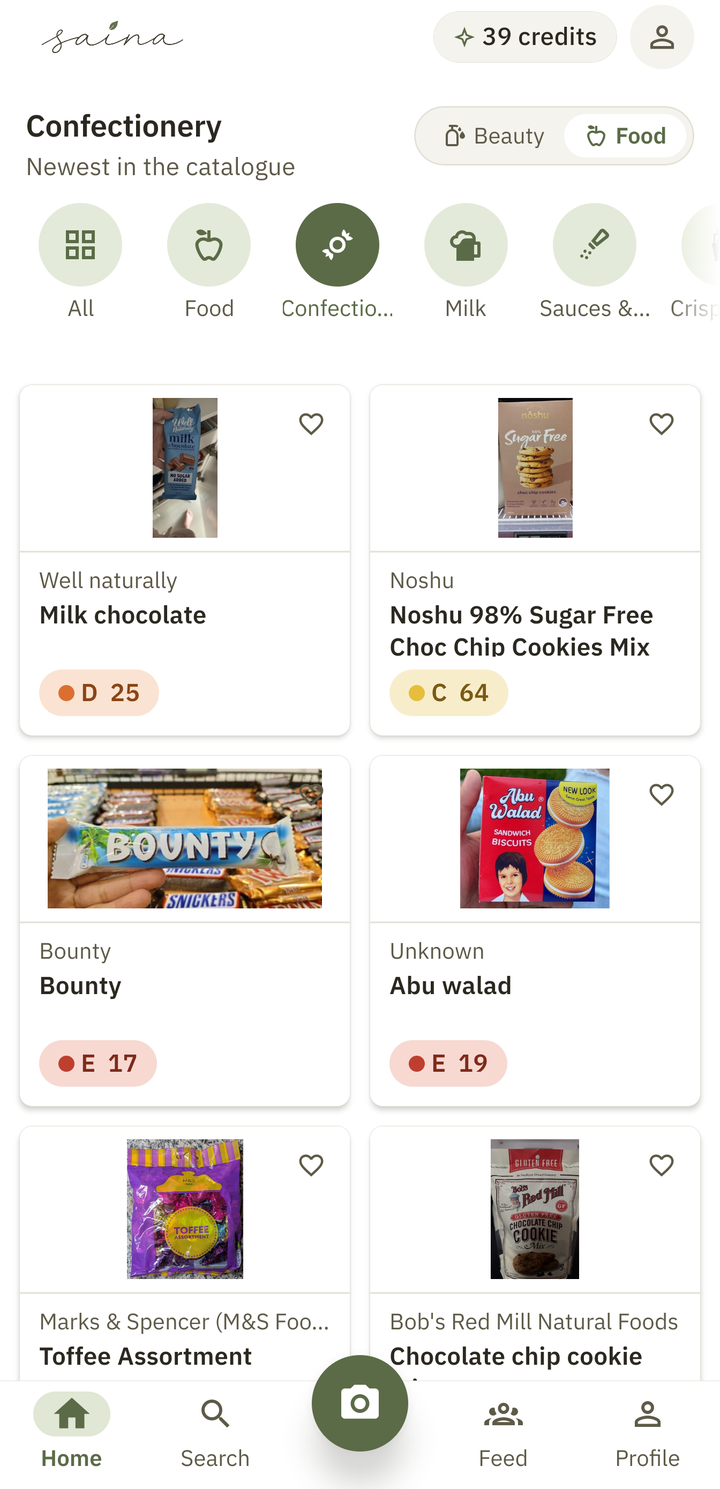Saina app home screen on the Food shelf, browsing confectionery with each product's grade